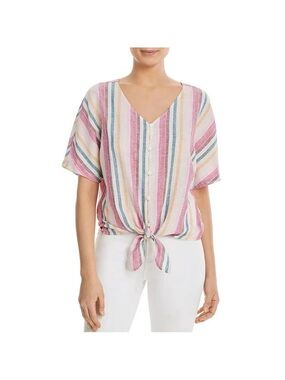 beachlunchlounge Peach Multi Striped Tie-Front Button Shirt